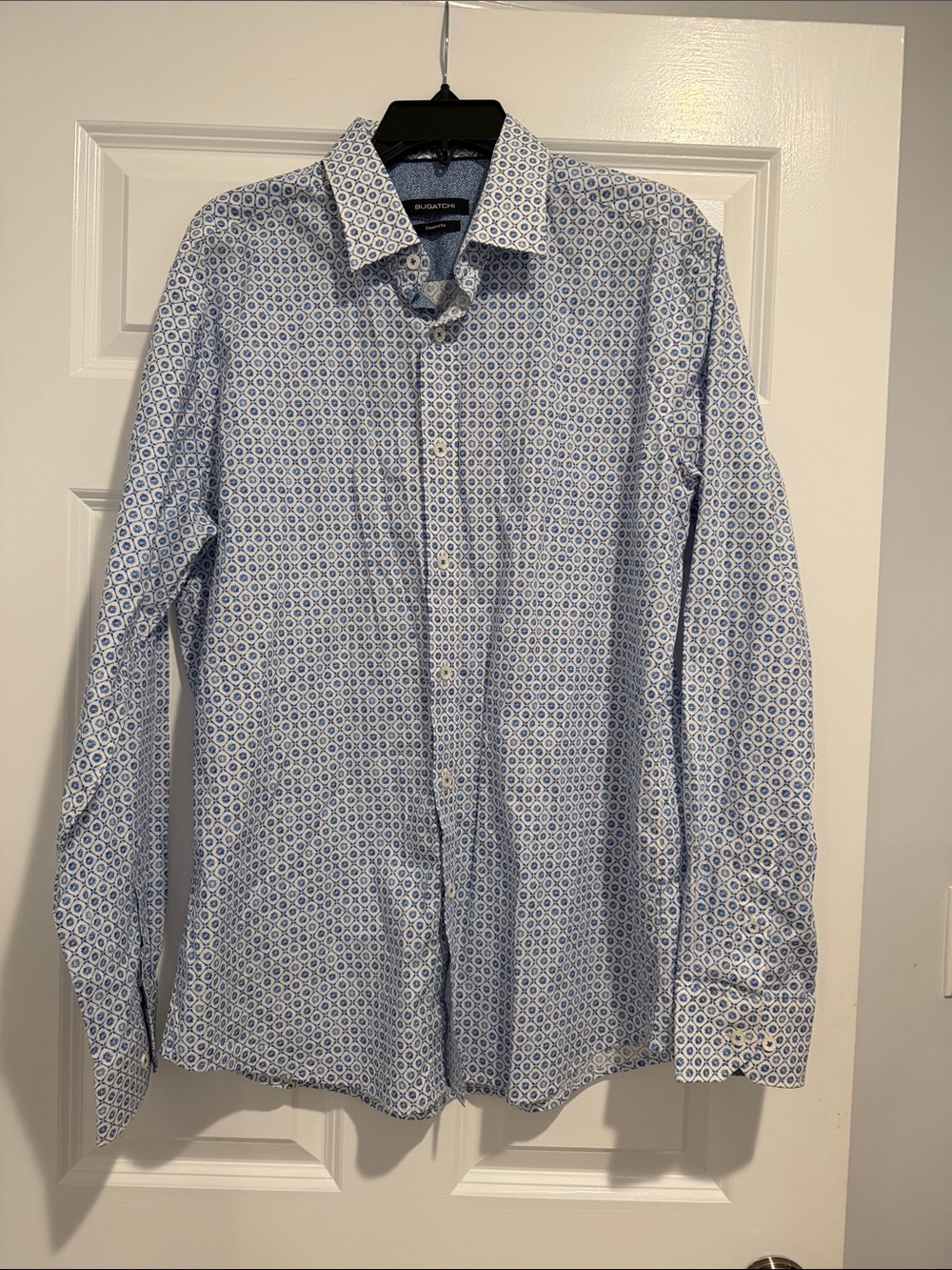 Bugatchi Blue and White Geometric Dress Shirt